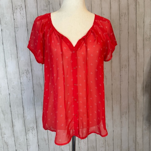 Old Navy| Red Sheer Tie Front Button Down Blouse - Picture 1 of 12